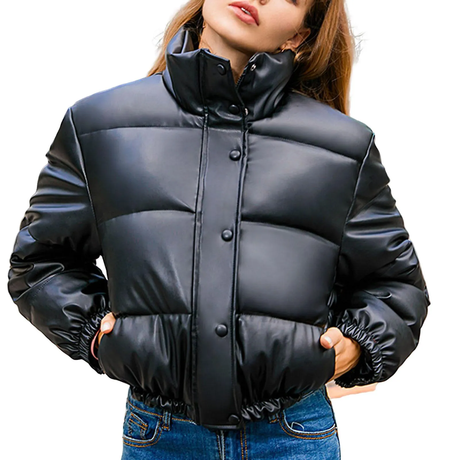 Abrigo de cuero Collar Cortavientos Otoño e Invierno Abrigo acolchado para mujeres