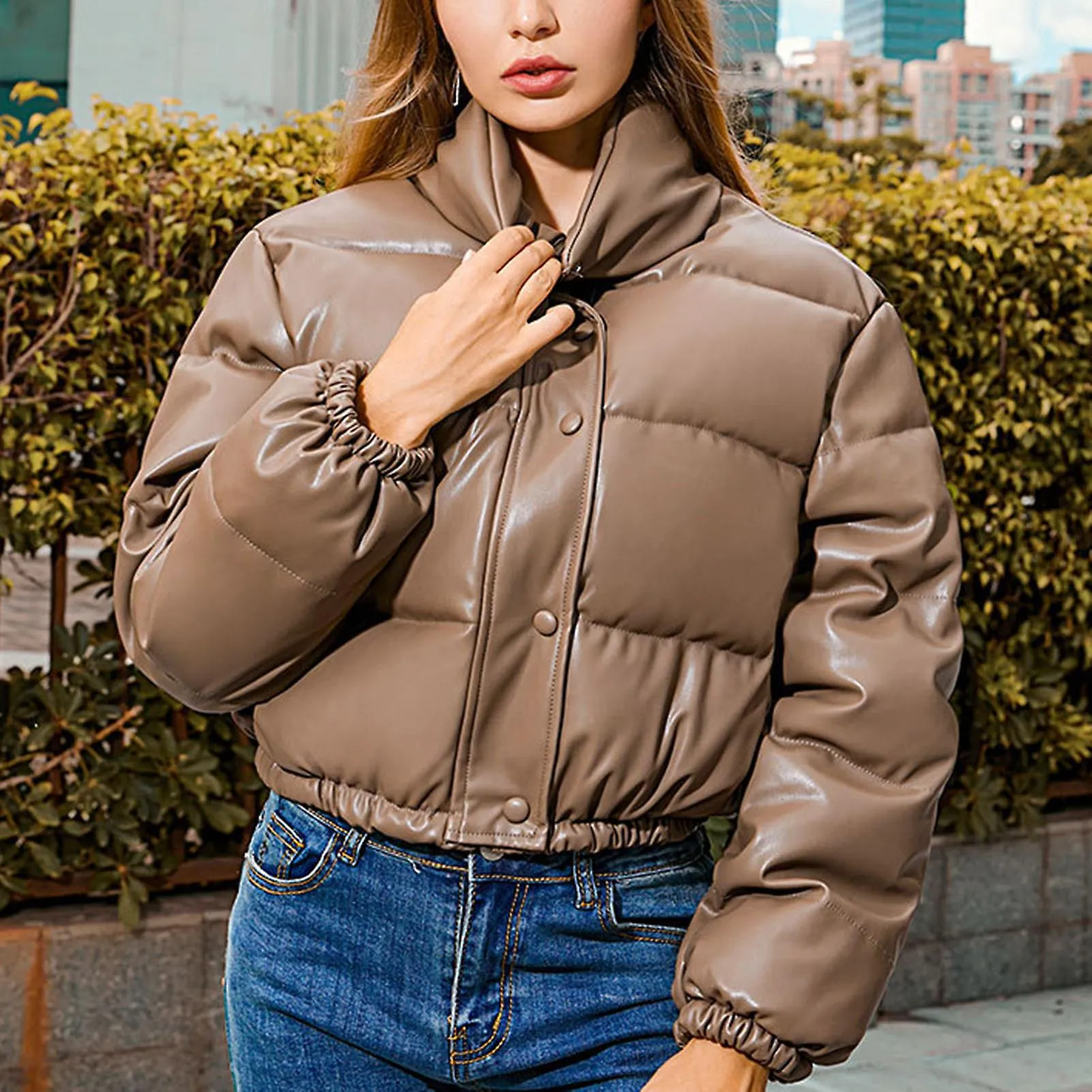 Abrigo de cuero Collar Cortavientos Otoño e Invierno Abrigo acolchado para mujeres