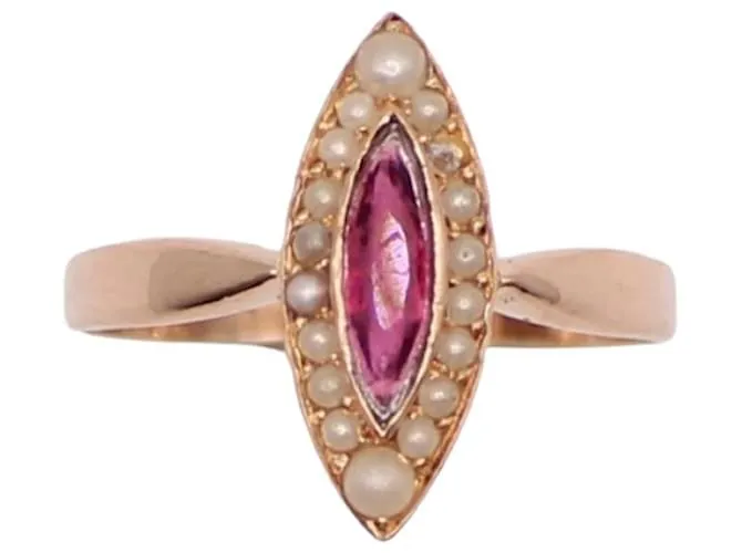 Autre Marque Anillo marquesa, Período de Napoleón III, perlas y granate oro rosa 750%O Blanco Roja Gold hardware 