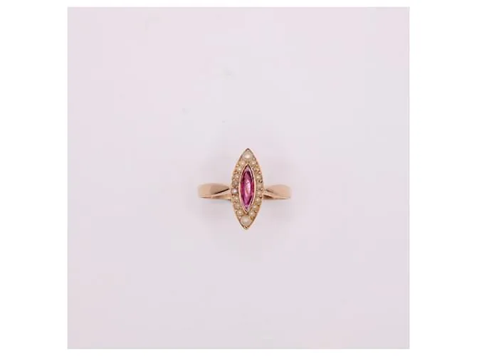 Autre Marque Anillo marquesa, Período de Napoleón III, perlas y granate oro rosa 750%O Blanco Roja Gold hardware 