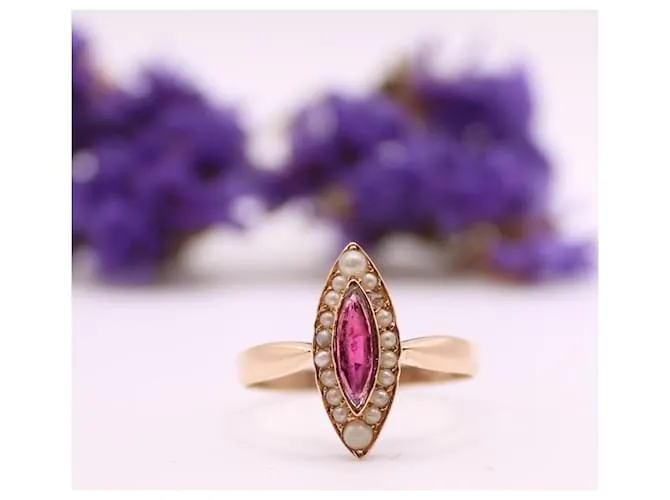 Autre Marque Anillo marquesa, Período de Napoleón III, perlas y granate oro rosa 750%O Blanco Roja Gold hardware 