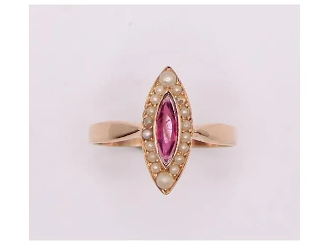 Autre Marque Anillo marquesa, Período de Napoleón III, perlas y granate oro rosa 750%O Blanco Roja Gold hardware 
