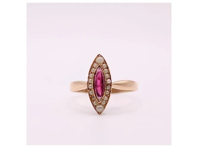 Autre Marque Anillo marquesa, Período de Napoleón III, perlas y granate oro rosa 750%O Blanco Roja Gold hardware 