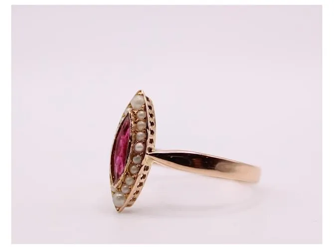 Autre Marque Anillo marquesa, Período de Napoleón III, perlas y granate oro rosa 750%O Blanco Roja Gold hardware 