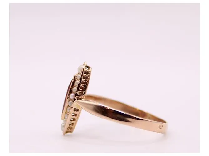 Autre Marque Anillo marquesa, Período de Napoleón III, perlas y granate oro rosa 750%O Blanco Roja Gold hardware 