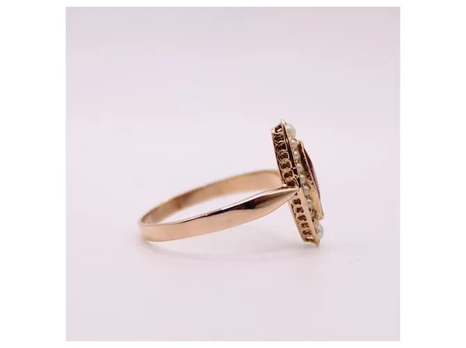 Autre Marque Anillo marquesa, Período de Napoleón III, perlas y granate oro rosa 750%O Blanco Roja Gold hardware 