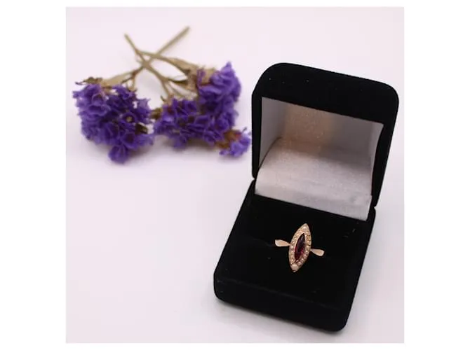 Autre Marque Anillo marquesa, Período de Napoleón III, perlas y granate oro rosa 750%O Blanco Roja Gold hardware 