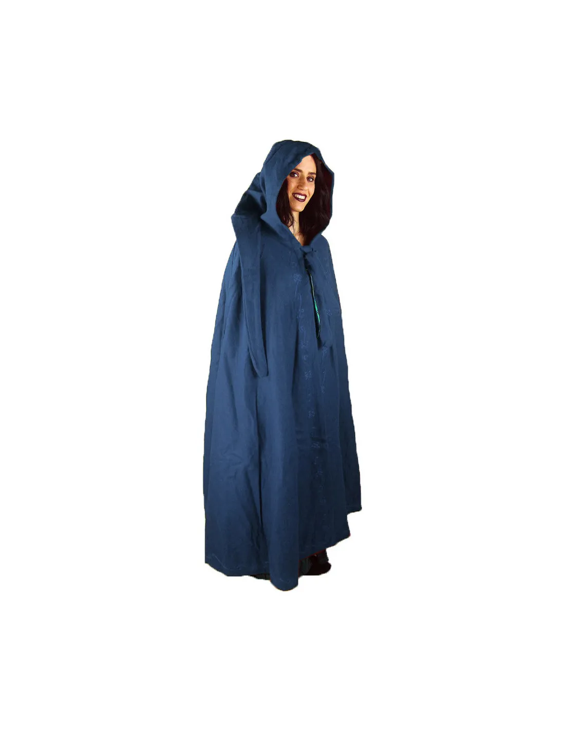 Capa azul de lana medieval con bordados a mano, modelo Alma