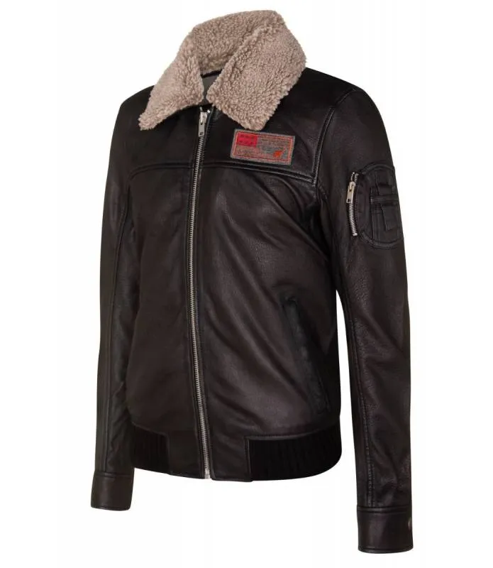 Chaqueta Napa Negra Estilo Aviador Cuello Pelo Desmontable Hombre Black LC065