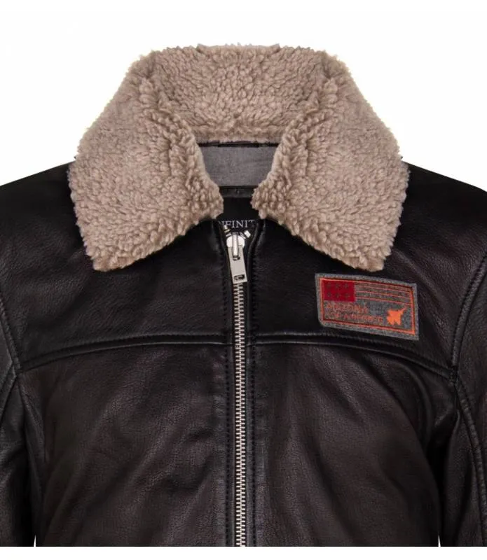 Chaqueta Napa Negra Estilo Aviador Cuello Pelo Desmontable Hombre Black LC065