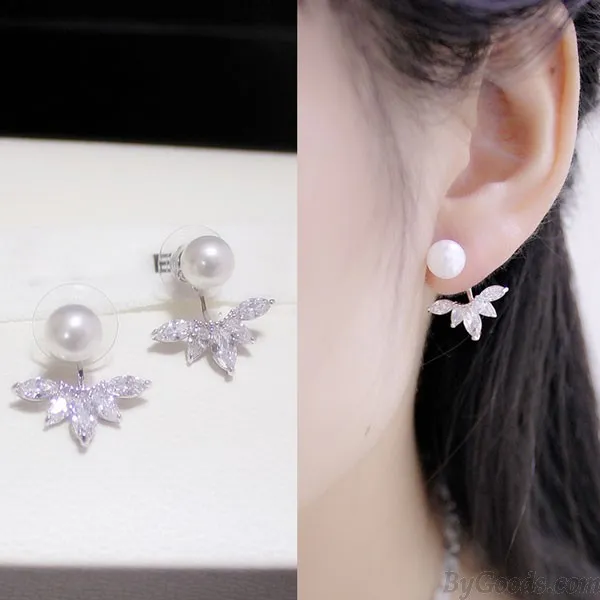 Dual Ladies Luxury Winky Zircon Petal Pearl Noble Female Earrings 