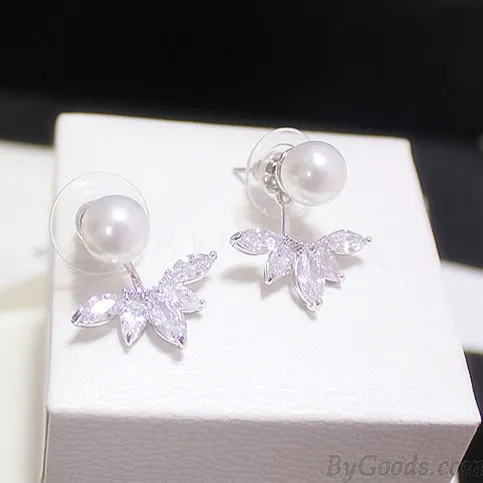 Dual Ladies Luxury Winky Zircon Petal Pearl Noble Female Earrings 