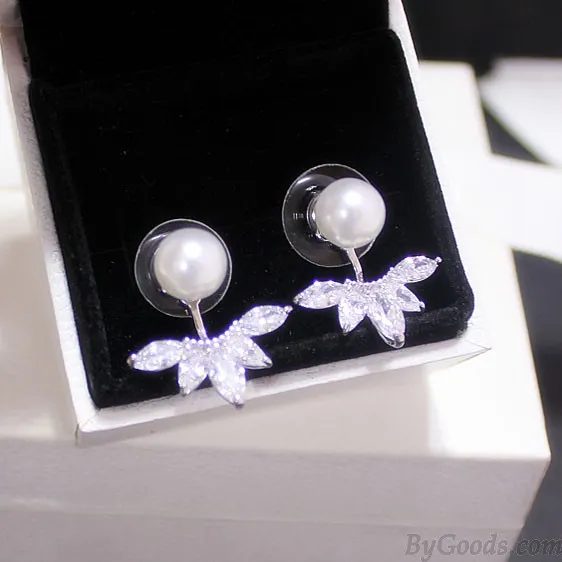 Dual Ladies Luxury Winky Zircon Petal Pearl Noble Female Earrings 