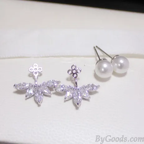 Dual Ladies Luxury Winky Zircon Petal Pearl Noble Female Earrings 