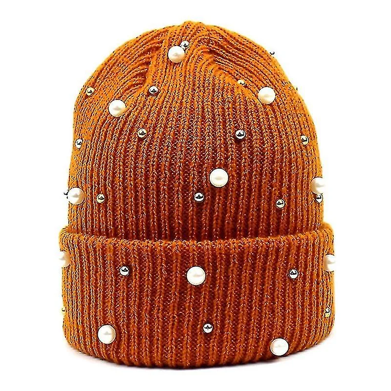 Fashion Pompom Knitted Wool Hat With Pearls Beads Caps For Women Beanie Winter