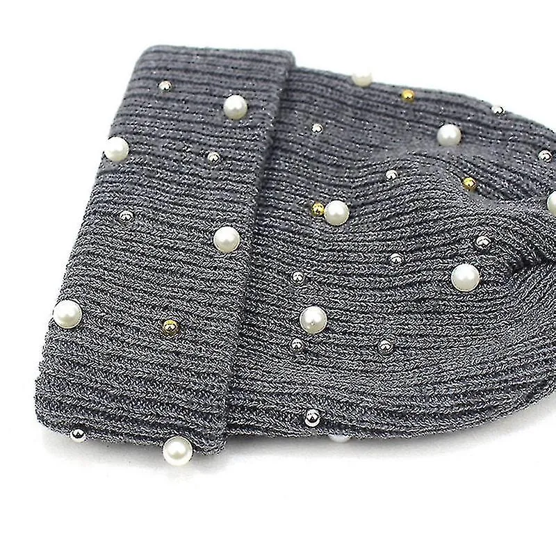 Fashion Pompom Knitted Wool Hat With Pearls Beads Caps For Women Beanie Winter