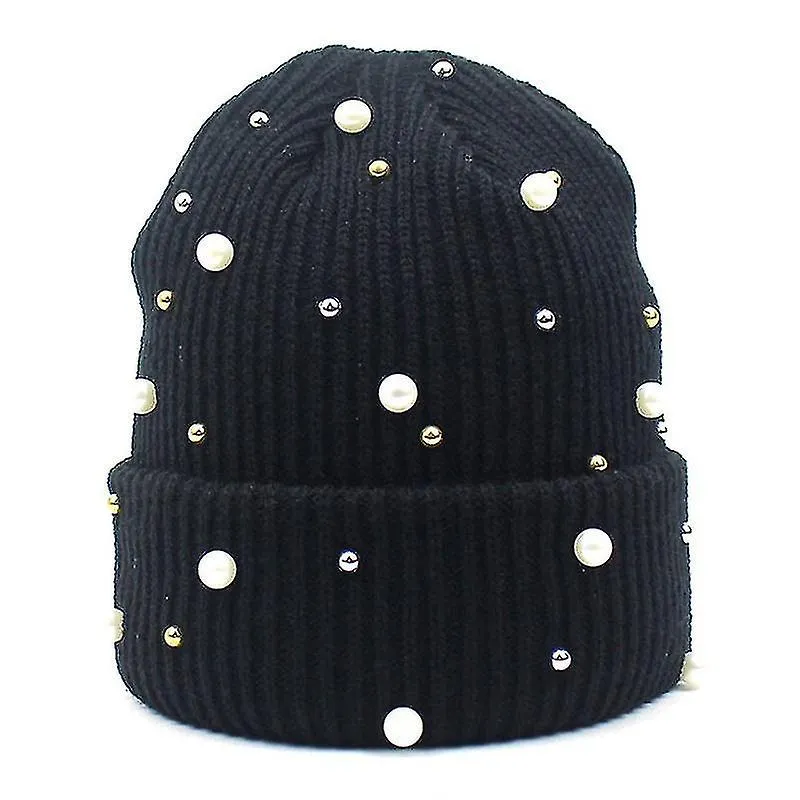 Fashion Pompom Knitted Wool Hat With Pearls Beads Caps For Women Beanie Winter