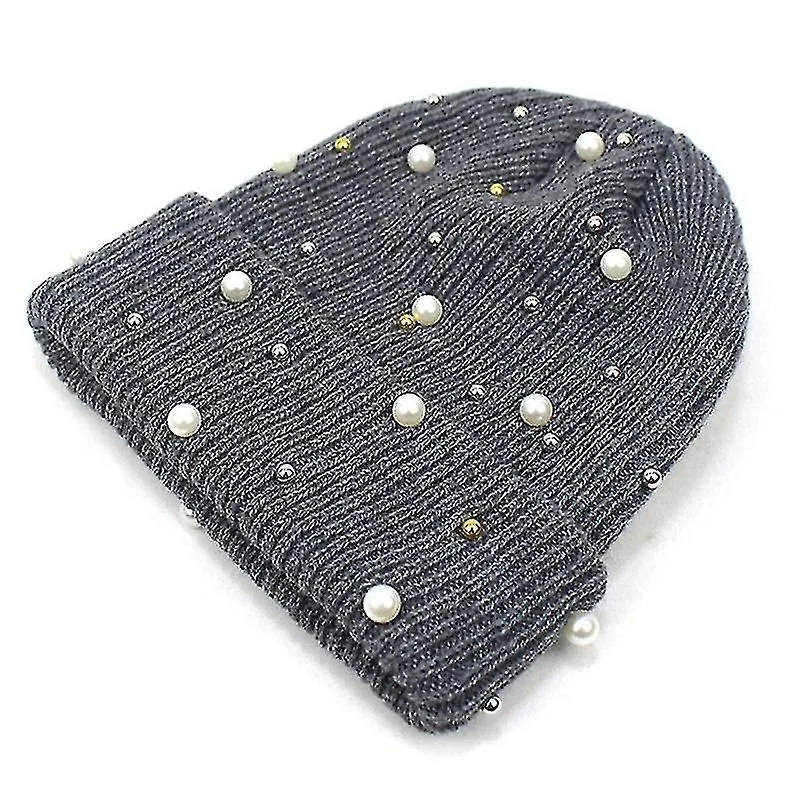 Fashion Pompom Knitted Wool Hat With Pearls Beads Caps For Women Beanie Winter