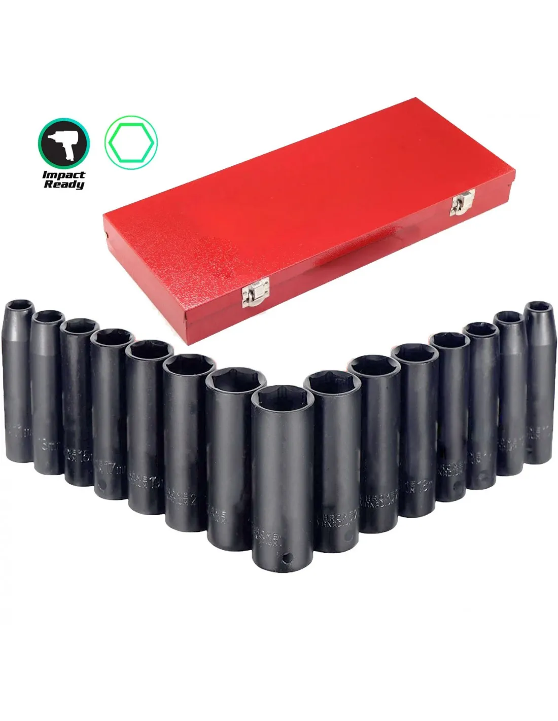 Juego de vasos de impacto largos de 1/2" de 6 caras de 15 a 30mm, 15 piezas