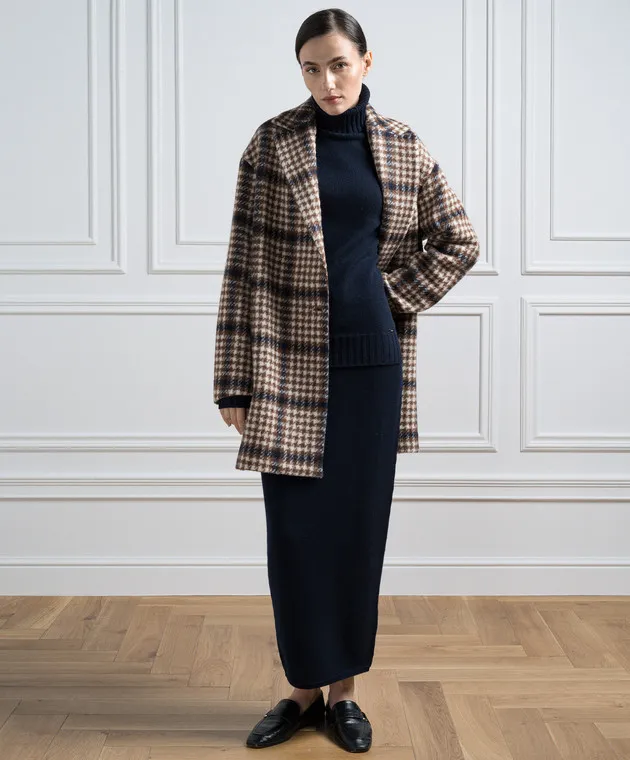 Kiton Blue cashmere skirt with logo