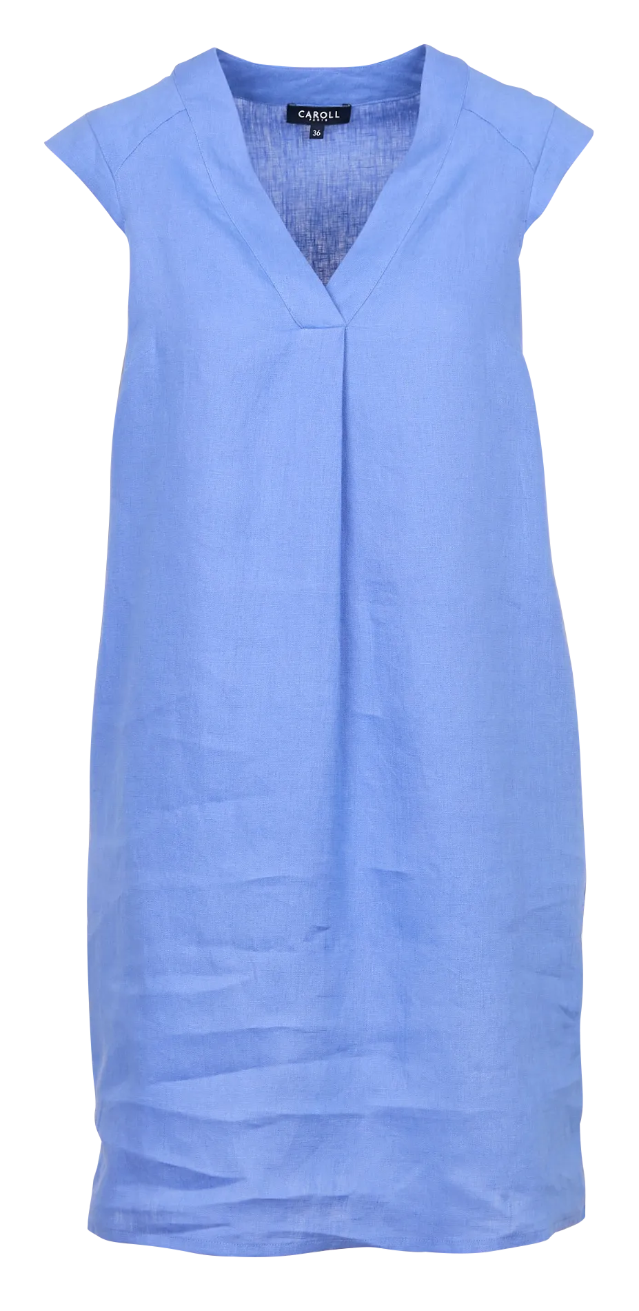 PAMELA  VESTIDO RECTO DE LINO CON CUELLO DE PICO EN AZUL