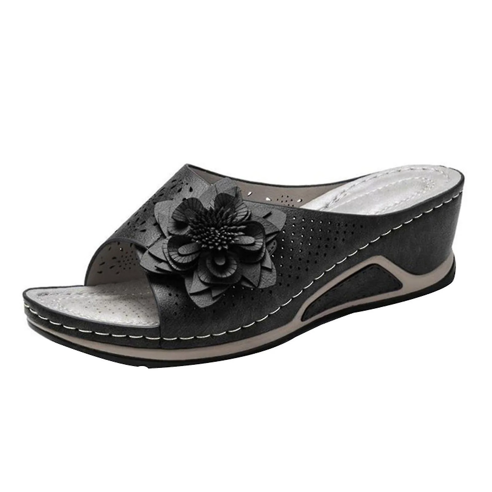 PU LEATHER SOFT FOOTBED ORTHOPEDIC ARCHSUPPORT SANDALS FOR WOMEN HOLLOW WEDGE FLOWER SHOES SUMMER