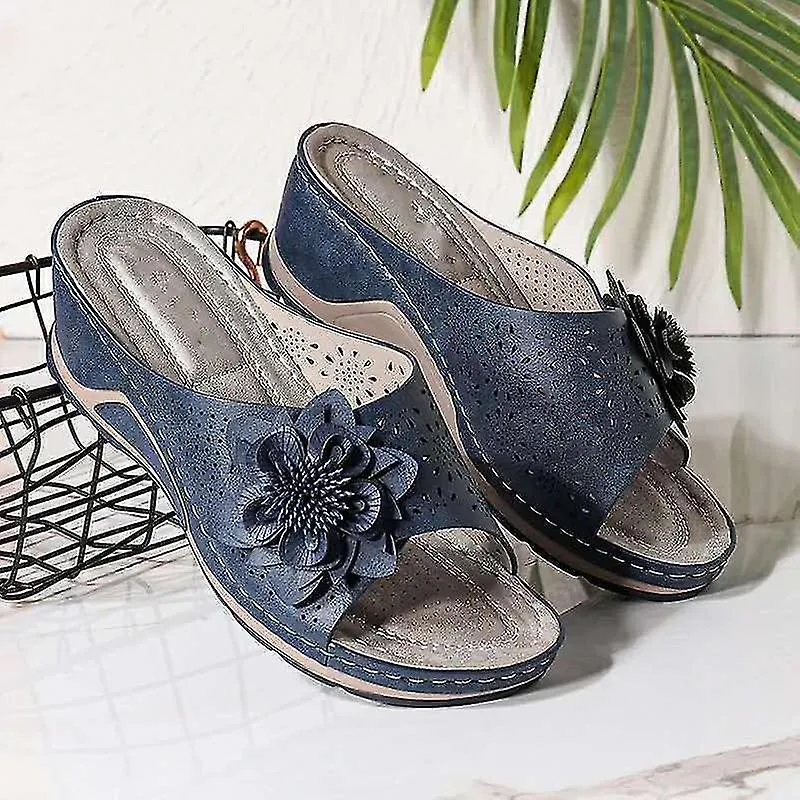 PU LEATHER SOFT FOOTBED ORTHOPEDIC ARCHSUPPORT SANDALS FOR WOMEN HOLLOW WEDGE FLOWER SHOES SUMMER