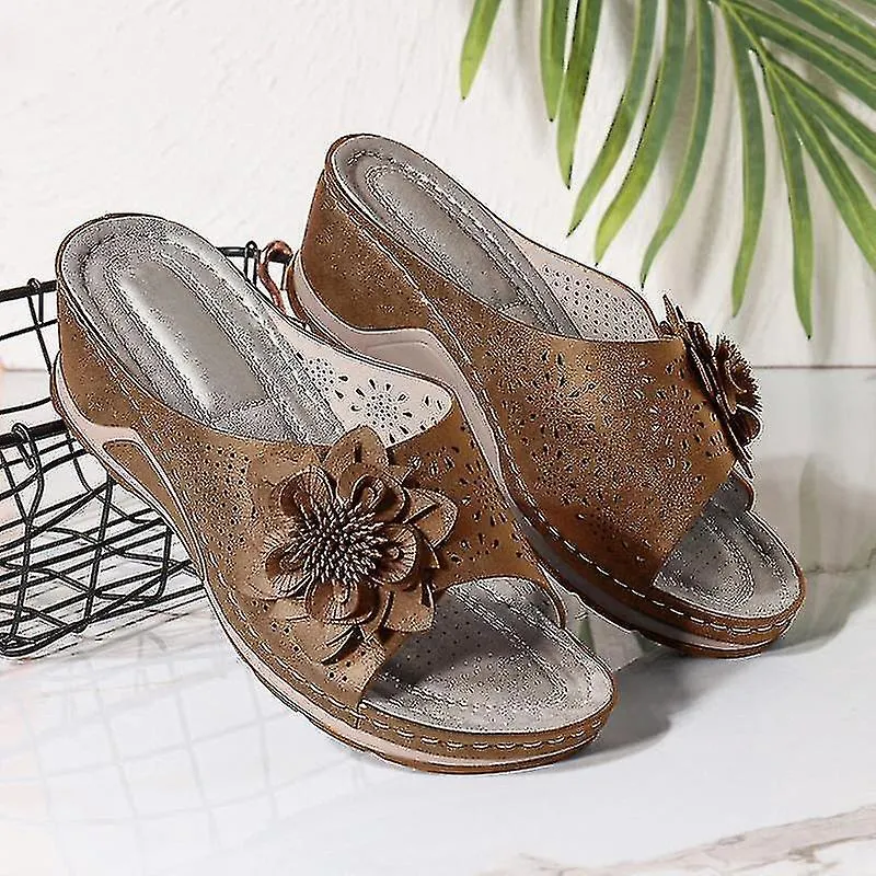 PU LEATHER SOFT FOOTBED ORTHOPEDIC ARCHSUPPORT SANDALS FOR WOMEN HOLLOW WEDGE FLOWER SHOES SUMMER