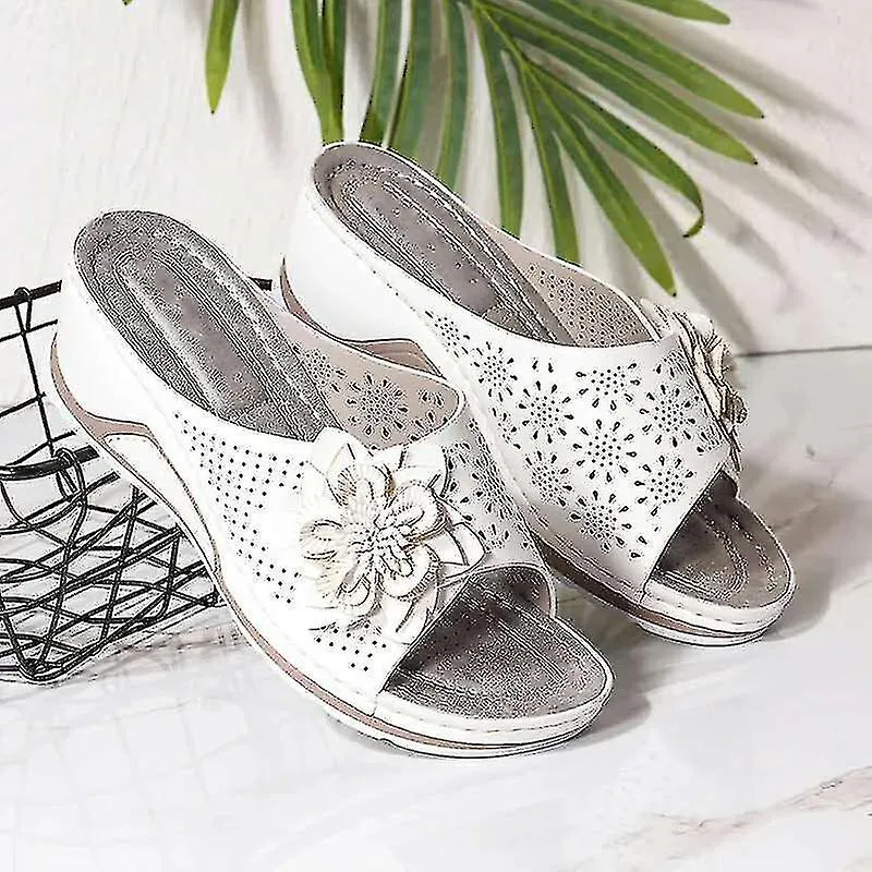 PU LEATHER SOFT FOOTBED ORTHOPEDIC ARCHSUPPORT SANDALS FOR WOMEN HOLLOW WEDGE FLOWER SHOES SUMMER