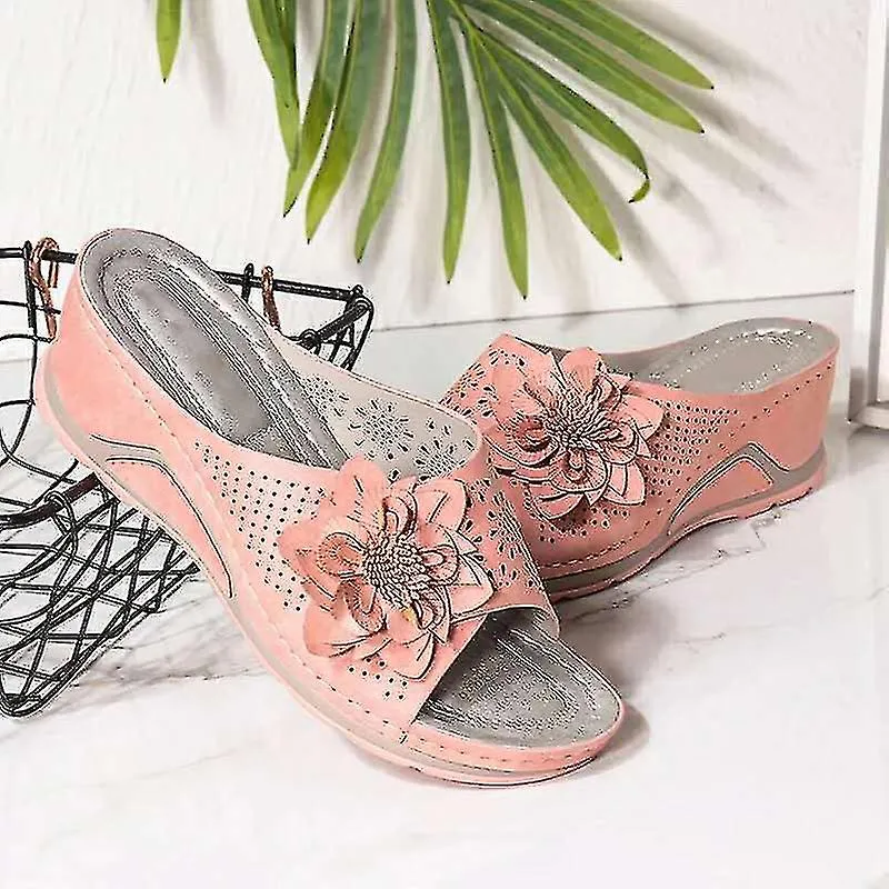 PU LEATHER SOFT FOOTBED ORTHOPEDIC ARCHSUPPORT SANDALS FOR WOMEN HOLLOW WEDGE FLOWER SHOES SUMMER