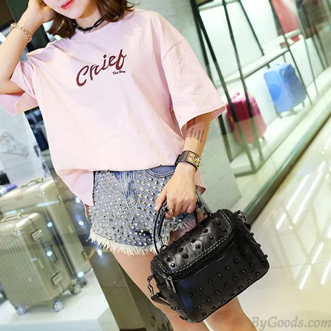 Punk Ladies Stitching Leather Weave Rivets Shoulder Bags