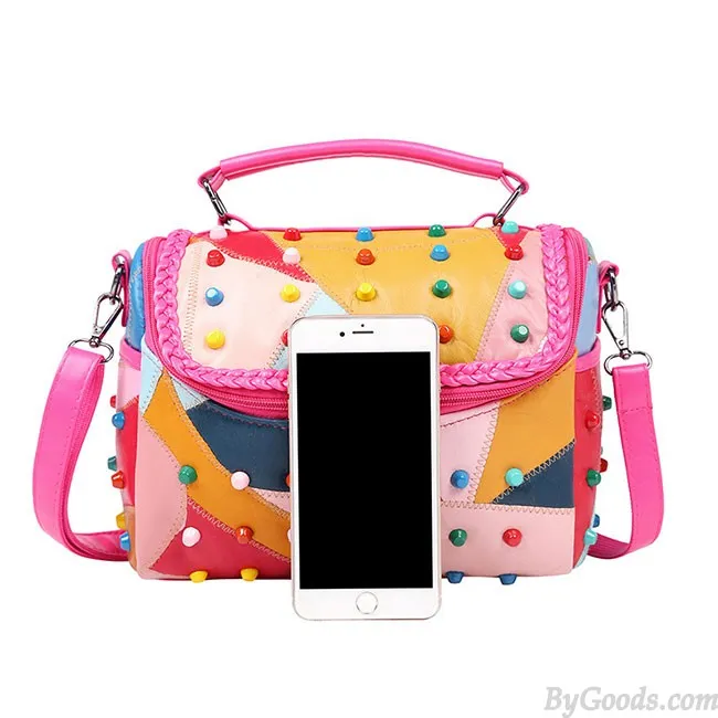 Punk Ladies Stitching Leather Weave Rivets Shoulder Bags