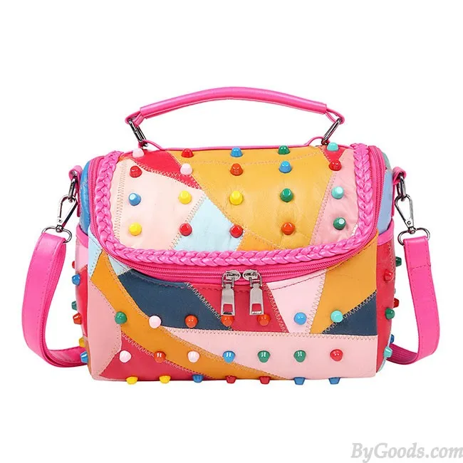 Punk Ladies Stitching Leather Weave Rivets Shoulder Bags