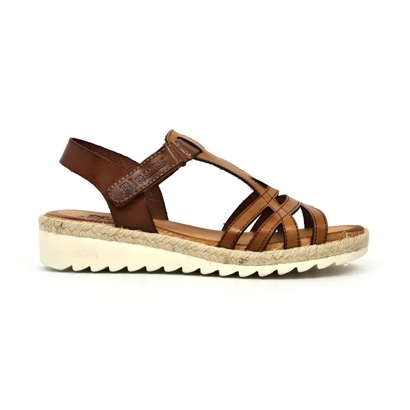 Sandalias Cuña Baja Mujer Piel Velcro Plantilla Acolchada 2896 Cuero, de Blusandal
