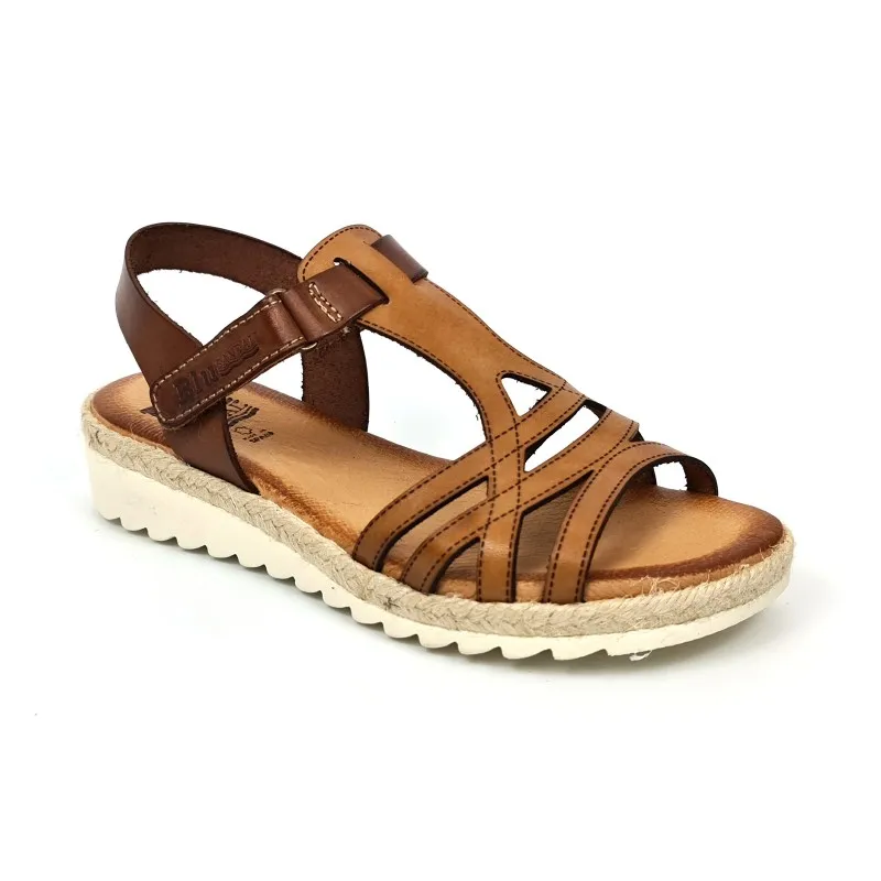 Sandalias Cuña Baja Mujer Piel Velcro Plantilla Acolchada 2896 Cuero, de Blusandal