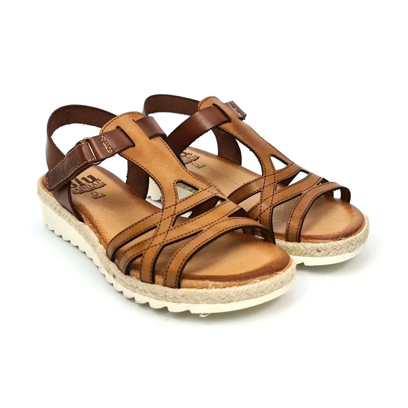 Sandalias Cuña Baja Mujer Piel Velcro Plantilla Acolchada 2896 Cuero, de Blusandal