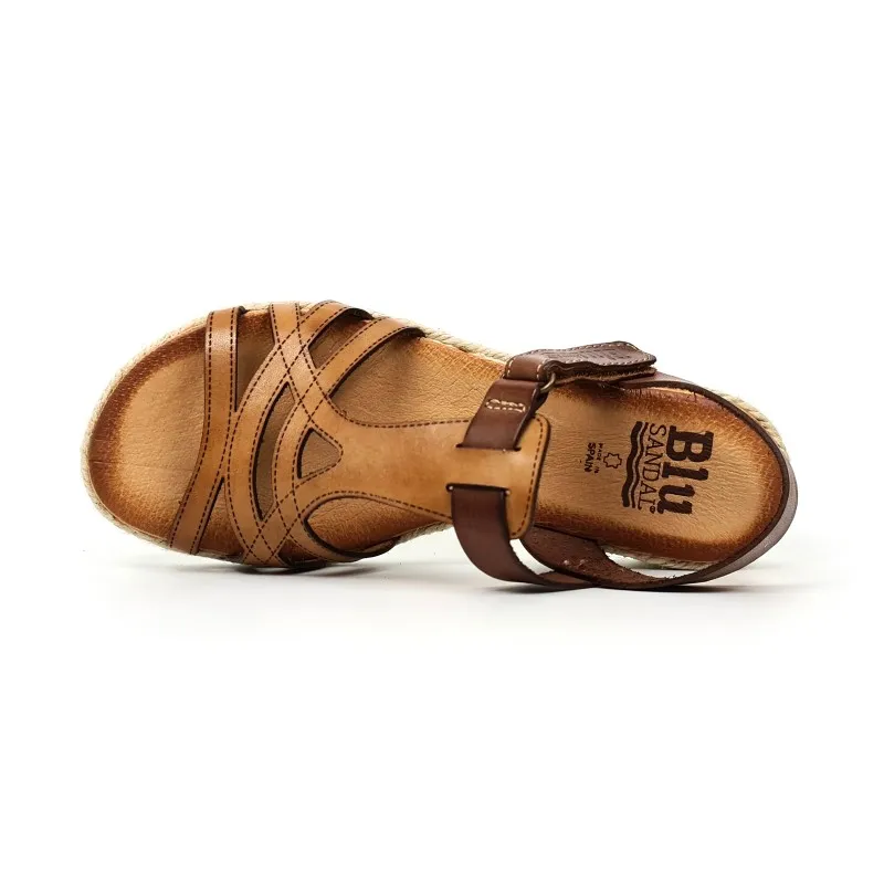 Sandalias Cuña Baja Mujer Piel Velcro Plantilla Acolchada 2896 Cuero, de Blusandal