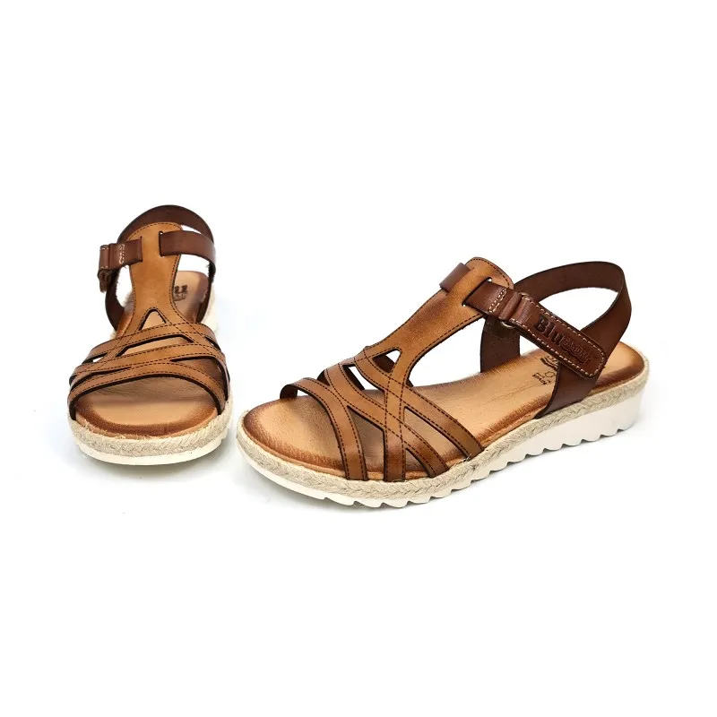 Sandalias Cuña Baja Mujer Piel Velcro Plantilla Acolchada 2896 Cuero, de Blusandal
