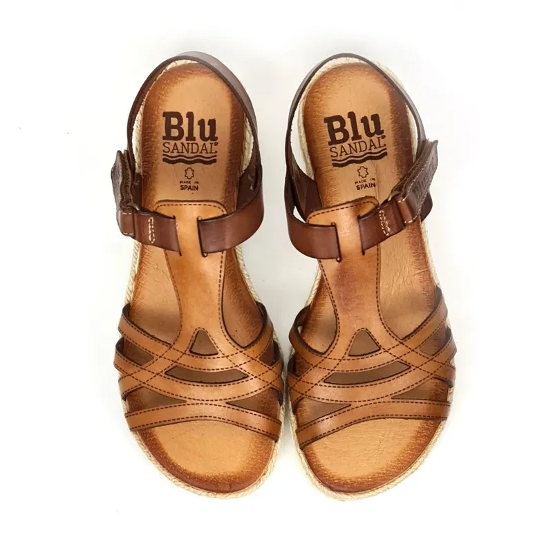 Sandalias Cuña Baja Mujer Piel Velcro Plantilla Acolchada 2896 Cuero, de Blusandal