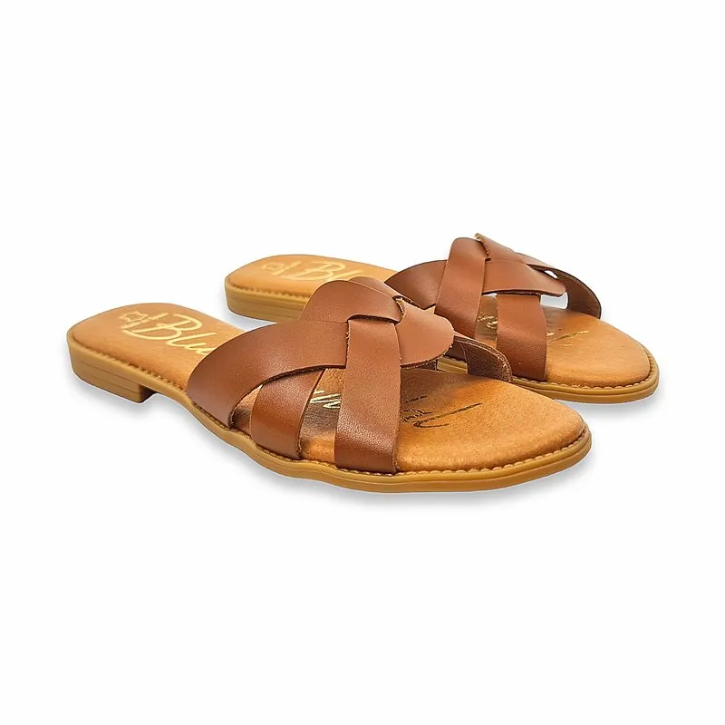 Sandalias Planas Mujer Piel Corte Trenzado Y Plantilla Acolchada 1601 Cuero, de Blusandal