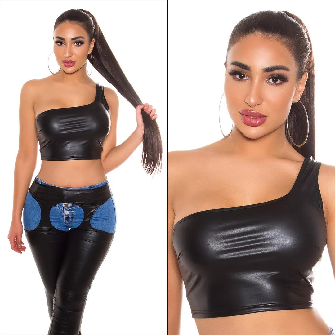 Top crop de un solo hombro negro