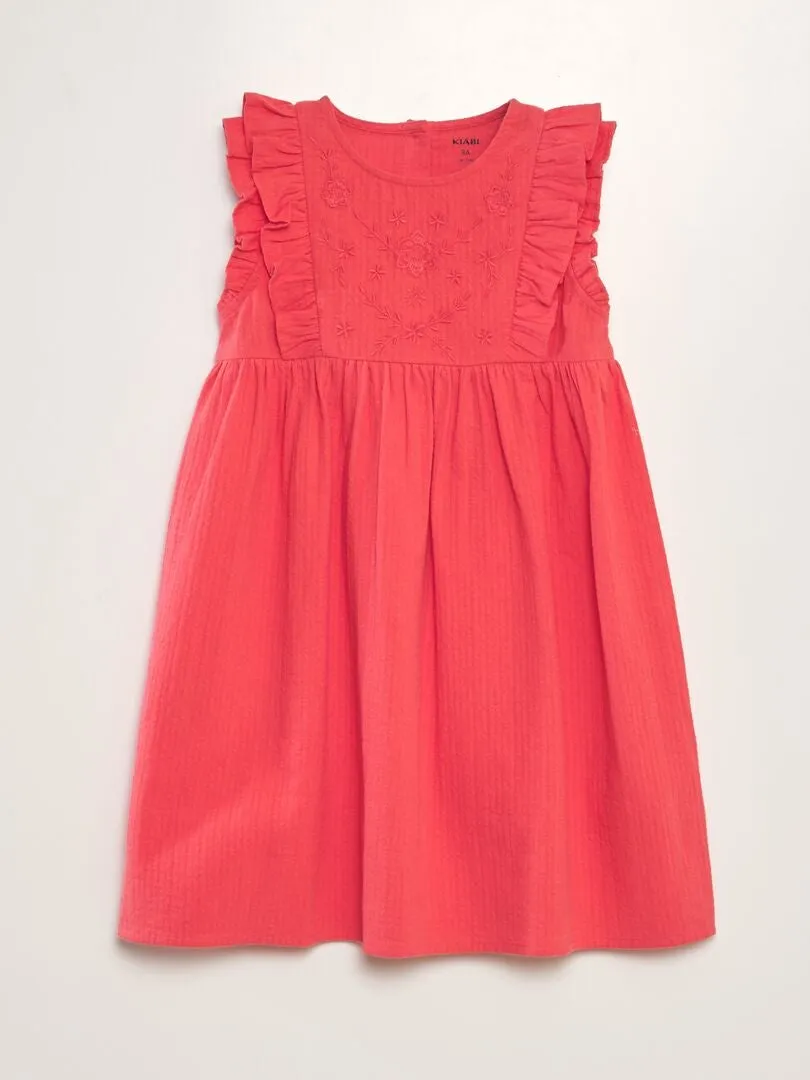 VESTIDO DE ALGODóN DOBBY CON VOLANTES Y BORDADOS  ROSA