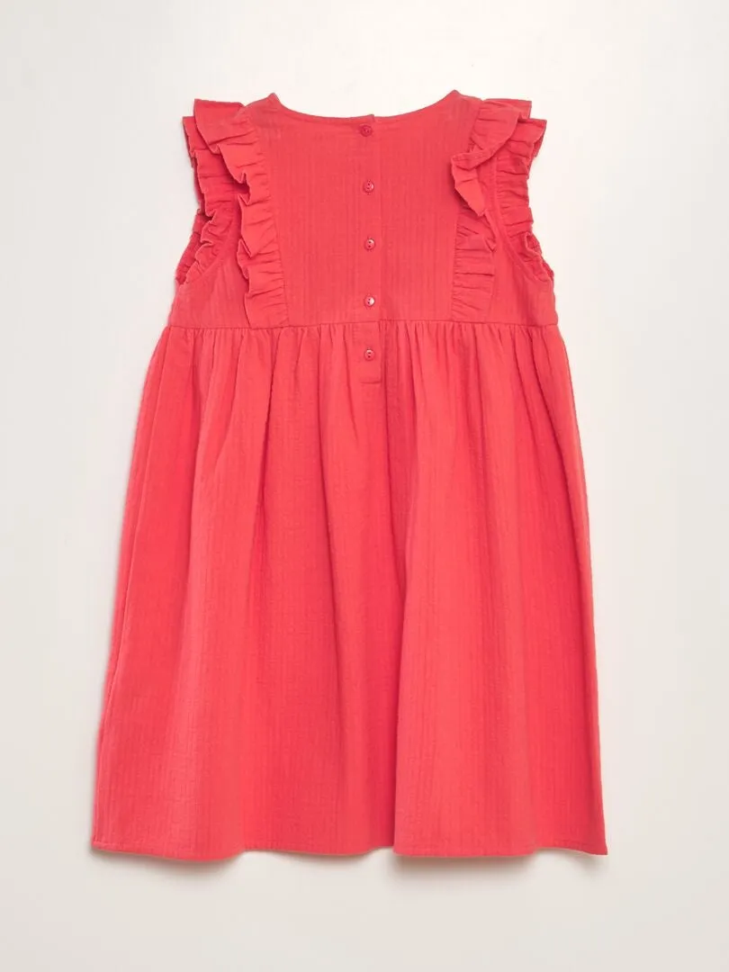 VESTIDO DE ALGODóN DOBBY CON VOLANTES Y BORDADOS  ROSA