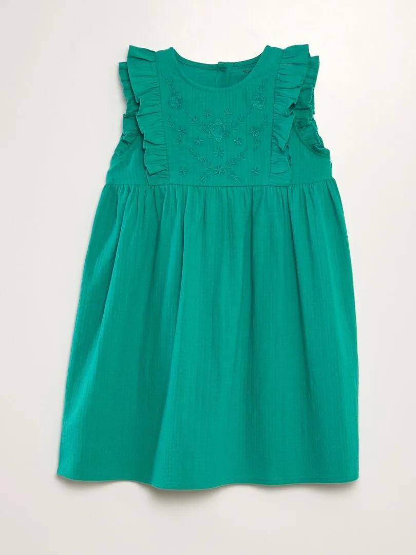 VESTIDO DE ALGODóN DOBBY CON VOLANTES Y BORDADOS  VERDE