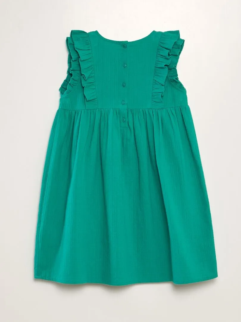 VESTIDO DE ALGODóN DOBBY CON VOLANTES Y BORDADOS  VERDE