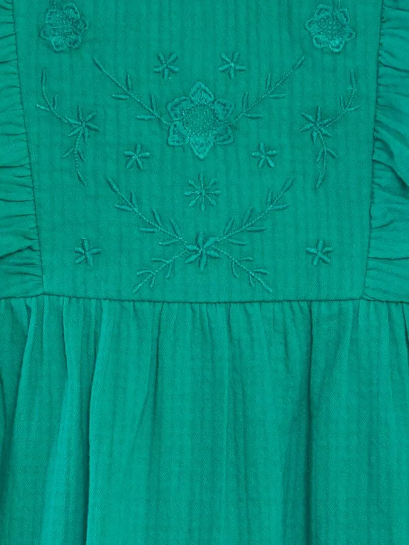 VESTIDO DE ALGODóN DOBBY CON VOLANTES Y BORDADOS  VERDE