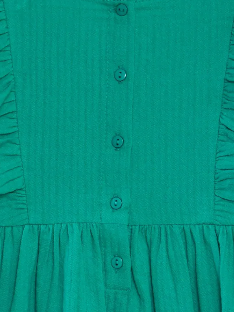 VESTIDO DE ALGODóN DOBBY CON VOLANTES Y BORDADOS  VERDE