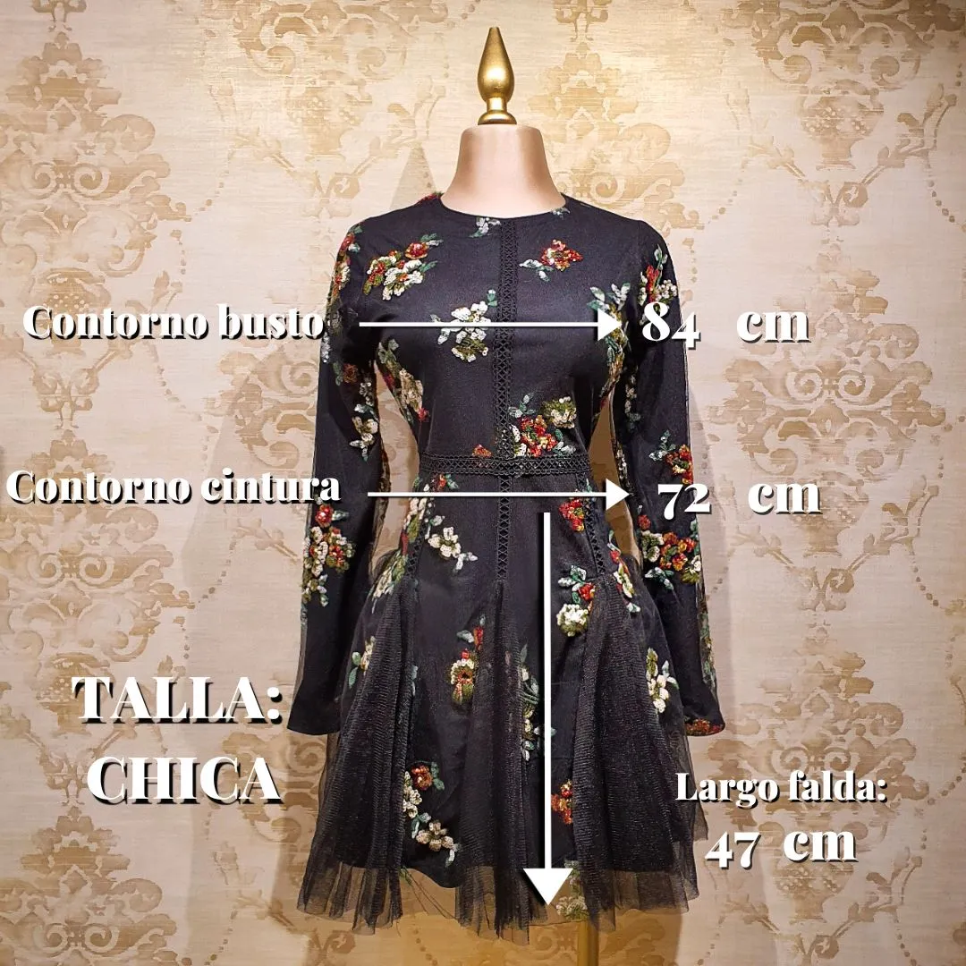 Vestido Negro Corto Manga Larga Bordado Flores