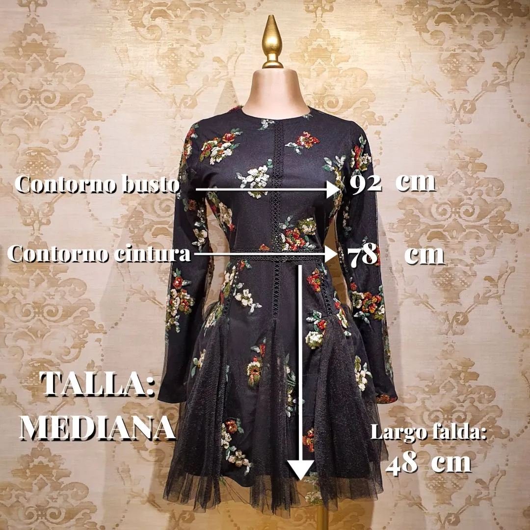 Vestido Negro Corto Manga Larga Bordado Flores