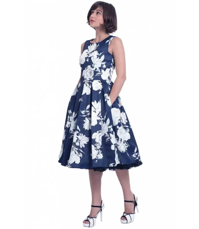 VESTIDO RETRO AZUL MARINO ROSAS BLANCAS ANNIE DOLLY AND DOTTY S90576